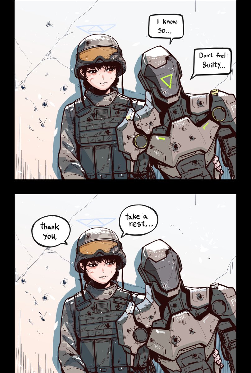 1boy 1girl blue_archive blue_halo brick_wall bullet_hole damaged english_text goggles goggles_on_headwear halo helmet highres implied_death kaiser_pmc_mercenary_(blue_archive) kaiser_pmc_robot_mercenary_(blue_archive) military_uniform parabellum robot speech_bubble tactical_clothes triangle_halo