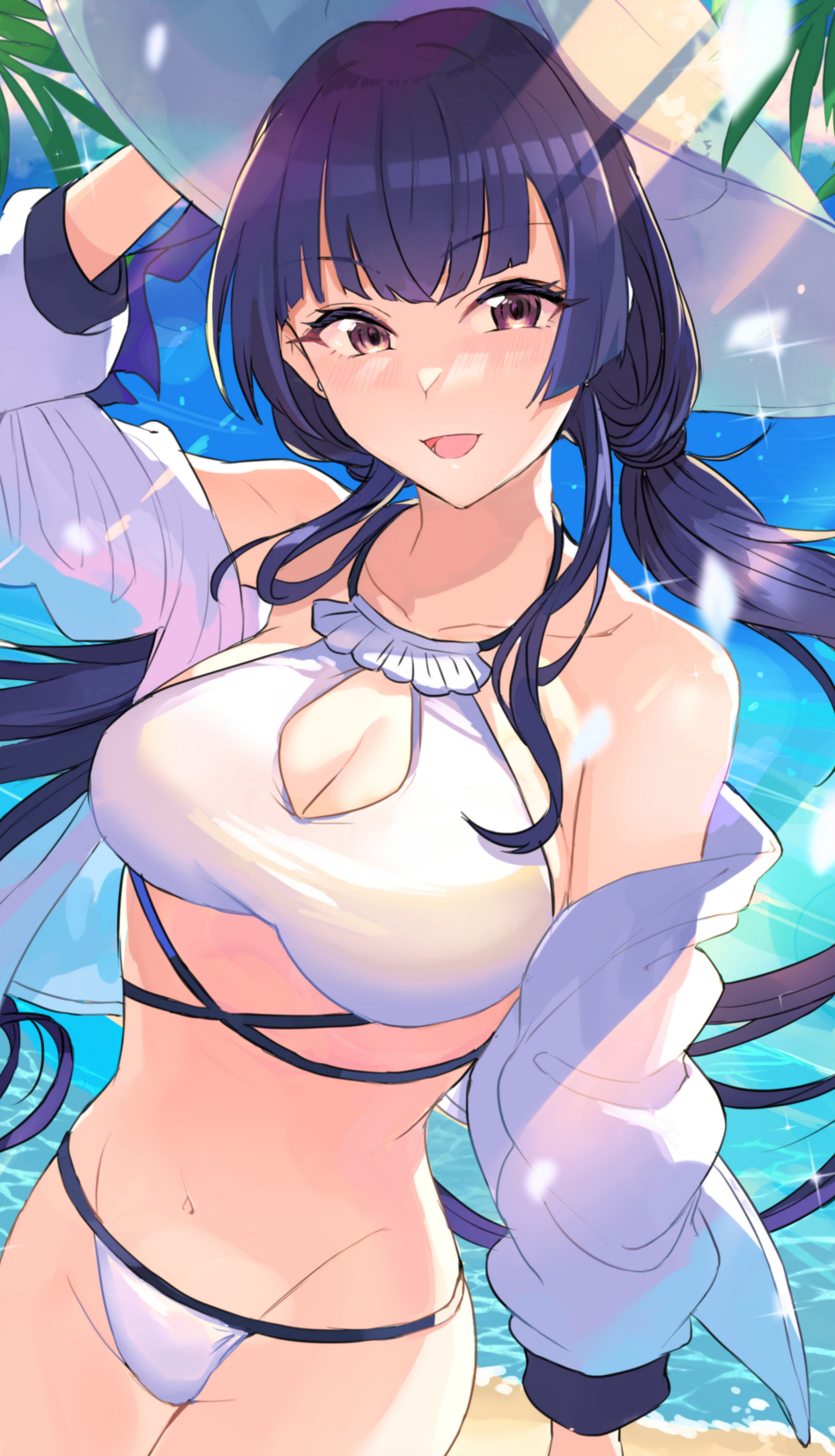1girl alternate_hairstyle arm_up ashita_(2010) bare_shoulders beach bikini black_hair blunt_bangs blush breasts brown_eyes cleavage collarbone cowboy_shot dappled_sunlight day dot_nose hair_tie hat highres idolmaster idolmaster_shiny_colors jacket long_hair long_sleeves looking_at_viewer low_twintails mayuzumi_fuyuko medium_breasts navel ocean off_shoulder open_mouth outdoors palm_tree smile solo sparkle standing sunlight swimsuit tree twintails white_bikini white_jacket yellow_hat