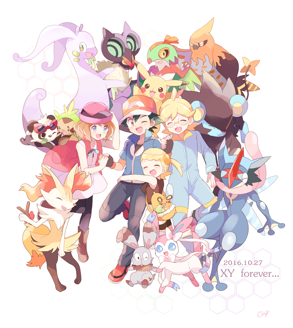2boys 2girls ^_^ animal_nose ash-greninja ash_ketchum bad_id bad_pixiv_id bonnie_(pokemon) braixen bunnelby clemont_(pokemon) closed_eyes creature dated dedenne english_text game_freak gen_1_pokemon gen_6_pokemon goodra greninja hawlucha hug legendary_pokemon mei_(maysroom) multiple_boys multiple_girls nintendo noivern on_head pikachu pokemon pokemon_(anime) pokemon_(creature) pokemon_on_head pokemon_xy_(anime) serena_(pokemon) simple_background snout sylveon talonflame white_background zygarde zygarde_cell zygarde_core