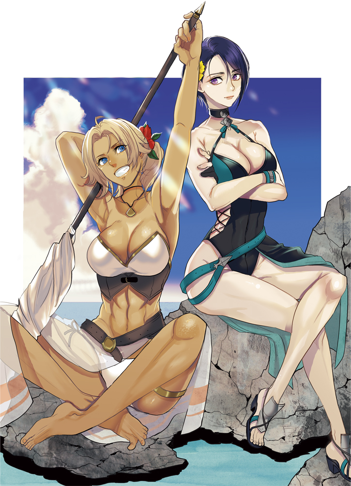 2girls arm_up armpits arms_behind_back artistic_error barefoot bikini black_one-piece_swimsuit blonde_hair blue_eyes blue_hair breasts catherine_(fire_emblem) catherine_(summer)_(fire_emblem) choker cleavage crossed_arms crossed_legs dark-skinned_female dark_skin fire_emblem fire_emblem:_three_houses fire_emblem_heroes flag flagpole flower grin hair_flower hair_ornament holding holding_flag large_breasts masakikazuyoshi multiple_girls nintendo official_alternate_costume on_rock one-piece_swimsuit ponytail realistic sandals shamir_nevrand shamir_nevrand_(summer) short_hair sitting smile swimsuit white_bikini wrong_foot