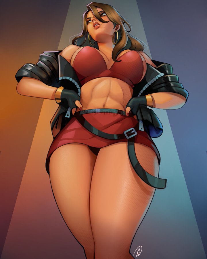 1girl abs athletic toned_female blaze_fielding breasts brown_eyes brown_hair curvy edemevas eyebrows eyelashes female_focus from_below jacket large_breasts leather leather_jacket legs miniskirt mole mole_under_mouth skirt solo streets_of_rage streets_of_rage_4 thick_thighs thighs wide_hips