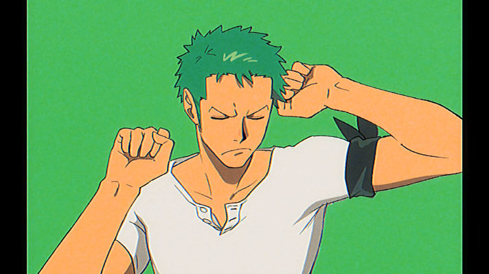 1boy animated animated_gif bandana_around_arm closed_eyes collarbone earrings green_background green_hair jewelry looking_at_viewer looping_animation male_focus one_piece qin_(7833198) roronoa_zoro shirt short_hair short_sleeves sideburns simple_background single_earring solo stretching upper_body white_shirt