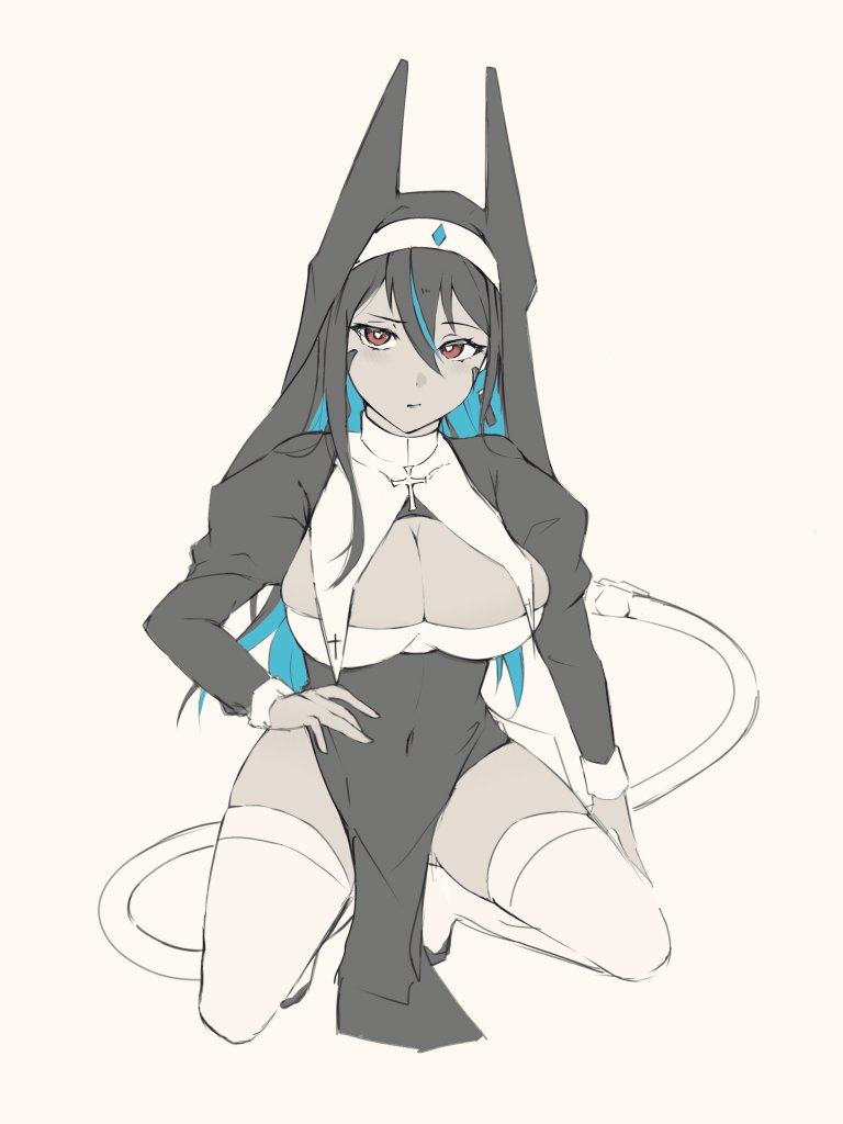 1girl black_dress black_hair blue_hair breasts cleavage colored_inner_hair dark-skinned_female dark_skin dress goddess_of_victory:_nikke habit indivilia_(nikke) large_breasts long_hair looking_at_viewer mechanical_tail multicolored_hair nun red_eyes solo squatting tail thighhighs thighs toudou_rapid_310 white_dress white_thighhighs