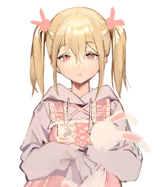 1girl bad_id bad_weibo_id blonde_hair closed_mouth criss-cross_straps cross-laced_clothes cross-laced_dress dress expressionless frilled_dress frills hair_between_eyes hair_ornament holding holding_stuffed_toy hood hood_down hoodie light_frown long_hair long_sleeves mole mole_under_mouth original own_hands_together pinafore_dress pink_dress pink_eyes purple_hoodie rabbit_hair_ornament short_twintails simple_background sleeveless sleeveless_dress sleeves_past_fingers sleeves_past_wrists solo straight-on straight_hair stuffed_animal stuffed_rabbit stuffed_toy thick_eyebrows twintails upper_body white_background xiao_chichi