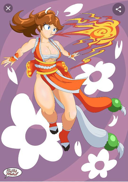 1girl blue_eyes breasts brown_hair cleavage crossover fatal_fury female_focus fire flower full_body jump legs long_hair mario_(series) ninja nintendo panties ponytail princess_daisy red_panties shiranui_mai snk solo super_mario_land super_smash_bros. thighs tomboy underwear