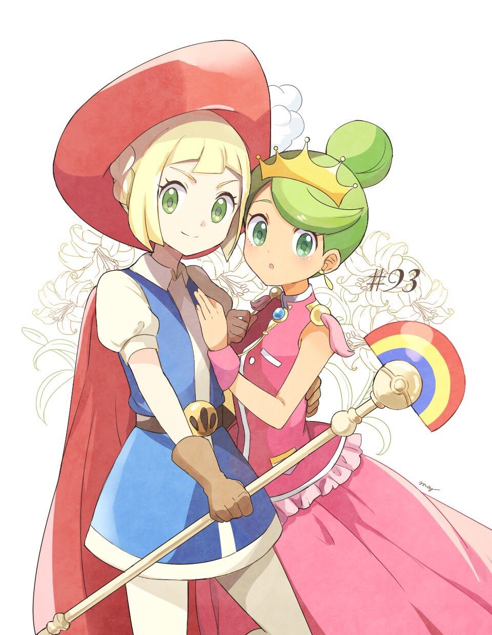 2girls alternate_costume alternate_hairstyle arm_around_back artist_name bad_id bad_pixiv_id bare_shoulders belt blonde_hair blue_dress blush braid brown_gloves closed_mouth cosplay dark-skinned_female dark_skin dress earrings episode_number female_focus flat_chest flower gloves green_eyes green_hair hair_bun hand_on_another&#039;s_chest hands_up happy hat highres himemiya_anthy himemiya_anthy_(cosplay) holding holding_staff jewelry jpeg_artifacts leggings light_blush lillie_(pokemon) looking_at_viewer mallow_(pokemon) matching_hair/eyes mei_(maysroom) multiple_girls nintendo open_mouth pantyhose pink_shirt pink_skirt poke_ball_theme pokemon pokemon_(anime) pokemon_sm093 pokemon_sm_(anime) princess_sapphire princess_sapphire_(cosplay) puffy_short_sleeves puffy_sleeves red_headwear revision ribbon_no_kishi shirt short_hair short_sleeves shoujo_kakumei_utena signature single_hair_bun skirt sleeveless sleeveless_shirt smile staff standing swept_bangs tiara trial_captain white_background white_legwear wristband