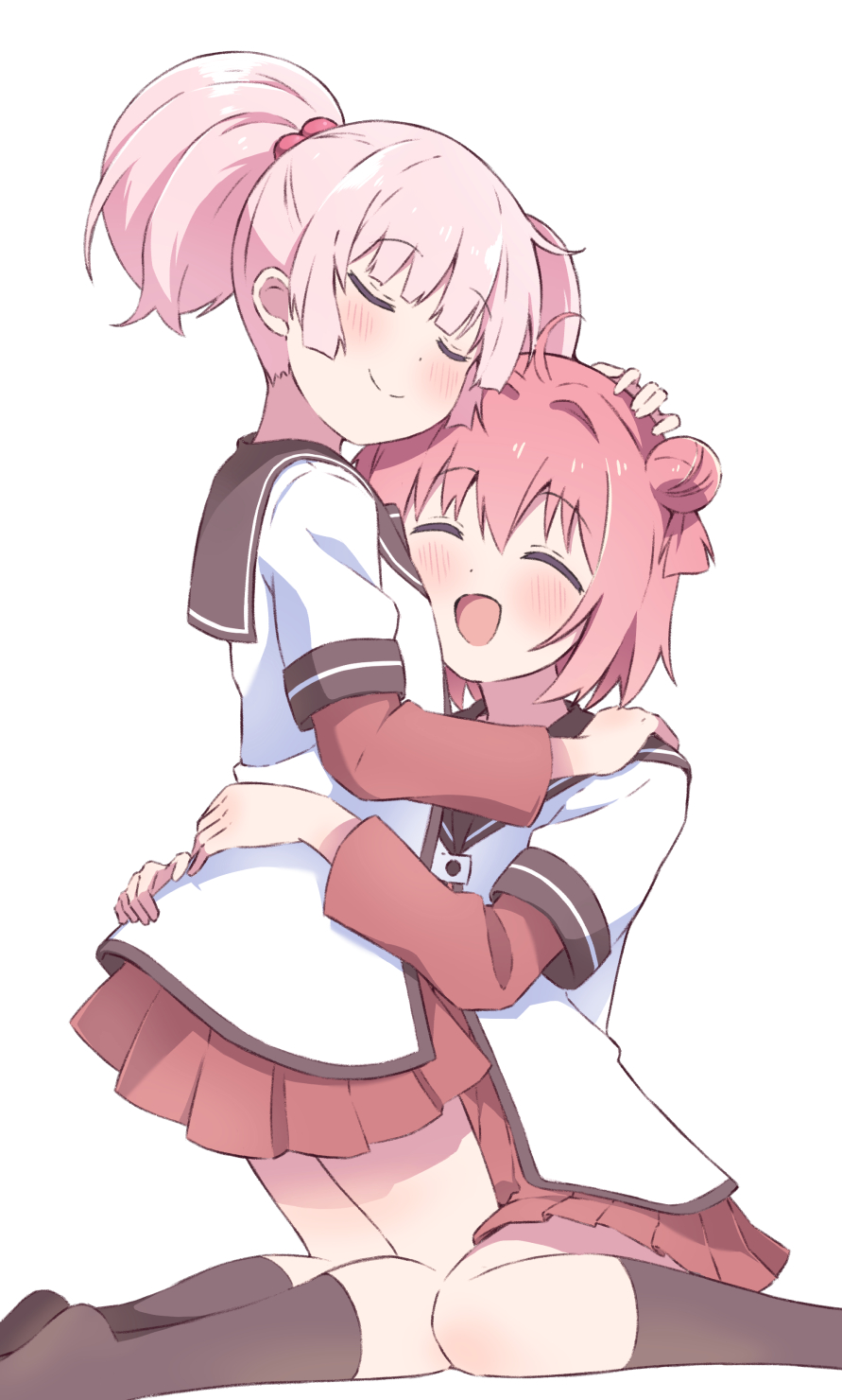 2girls :d ahoge akaza_akari blush brown_sailor_collar brown_socks buttons closed_eyes closed_mouth cuddling double_bun dress feet_out_of_frame flat_chest hair_between_eyes hair_bobbles hair_bun hair_ornament hand_on_another&#039;s_back hand_on_another&#039;s_head hand_on_another&#039;s_shoulder happy hazuki_mashiro head_on_another&#039;s_chest highres hug kneehighs kneeling knees layered_sleeves light_blush long_sleeves multiple_girls nanamori_school_uniform open_mouth pink_hair pleated_dress red_dress red_hair sailor_collar sailor_shirt school_uniform serafuku shirt short_dress short_hair short_over_long_sleeves short_sleeves sidelocks simple_background sitting smile socks twintails wariza white_background white_shirt yoshikawa_chinatsu yuri yuru_yuri
