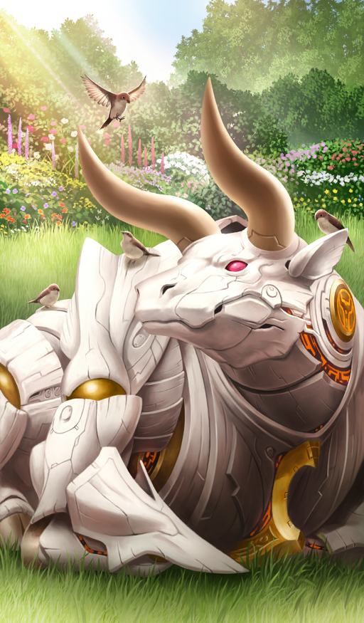animal animal_focus bird bird_request blue_sky commentary cow day fate/grand_order fate_(series) flower grass horns lasengle light_rays lying nature no_humans non-humanoid_robot official_art outdoors pink_flower purple_flower red_eyes red_flower robot robot_animal sky solid_eyes sunbeam sunlight third-party_source tree white_flower yellow_flower