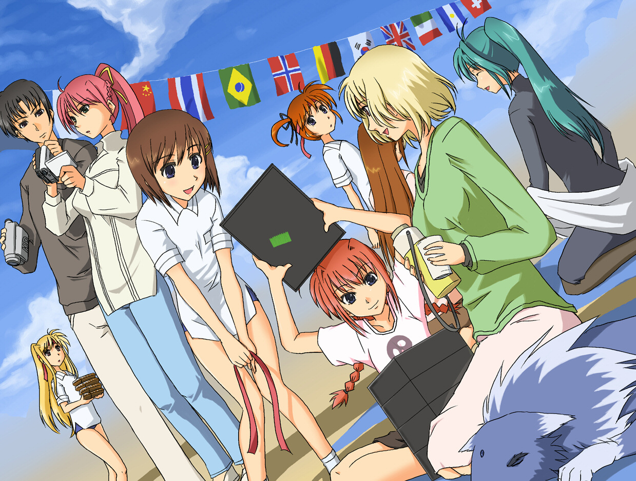 00s 1boy 6+girls bento black_hair blonde_hair braid brown_hair camcorder chrono_harlaown closed_eyes dutch_angle fate_testarossa flag flags_of_all_nations forehead_jewel green_hair gym_uniform hair_ornament hair_ribbon lindy_harlaown long_hair lyrical_nanoha mahou_shoujo_lyrical_nanoha mahou_shoujo_lyrical_nanoha_a's multiple_girls orange_hair pantyhose pink_hair ponytail red_hair ribbon shamal short_hair signum string_of_flags takamachi_momoko takamachi_nanoha takamachi_shirou thermos twin_braids twintails union_jack video_camera vita_(nanoha) wolf x_hair_ornament yagami_hayate zafira
