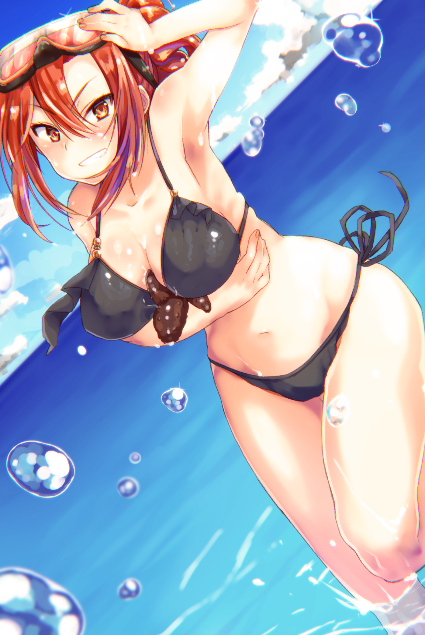 1girl aozaki_touko armpits between_breasts bikini black_bikini blush breast_hold breasts cleavage curvy female_focus gradient_background grin highres kamehima kara_no_kyoukai large_breasts long_hair looking_at_viewer navel ponytail red_eyes red_hair smile solo swimsuit thighs wide_hips