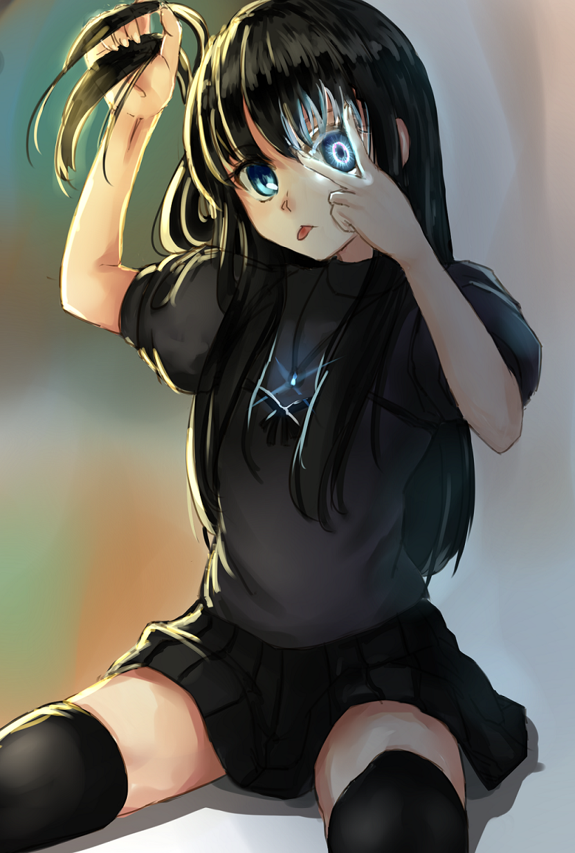 1girl :p arms_up bad_id bad_pixiv_id black_hair black_thighhighs cowboy_shot female_focus glowing glowing_eye highres japanese_clothes kara_no_kyoukai long_hair looking_at_viewer multicolored_eyes pleated_skirt puffy_short_sleeves puffy_sleeves ryougi_mana short_sleeves sitting skirt smile solo spread_legs thighhighs tongue tongue_out type-moon yuanjiyousheng zettai_ryouiki