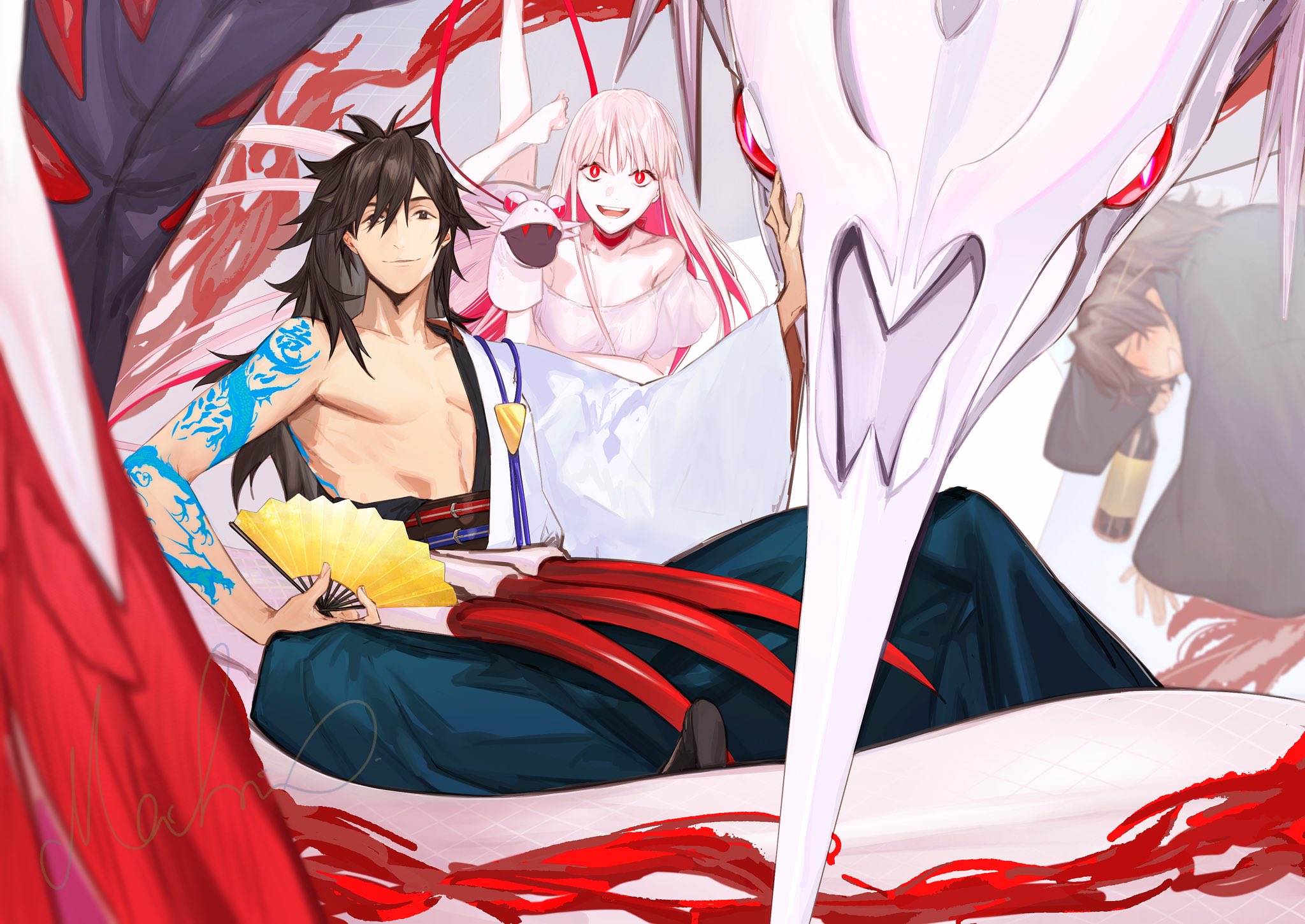 1girl 2boys alcohol arm_tattoo black_eyes black_hair blush breasts collarbone dragon dragon_girl drunk fate/grand_order fate_(series) folding_fan hand_fan hand_puppet highres long_hair medium_breasts multicolored_hair multiple_boys okada_izou_(fate) open_mouth oryou_(lancer)_(fate) puppet red_eyes red_hair sakamoto_ryouma_(fate) sakamoto_ryouma_(lancer)_(fate) smile tattoo ziege113