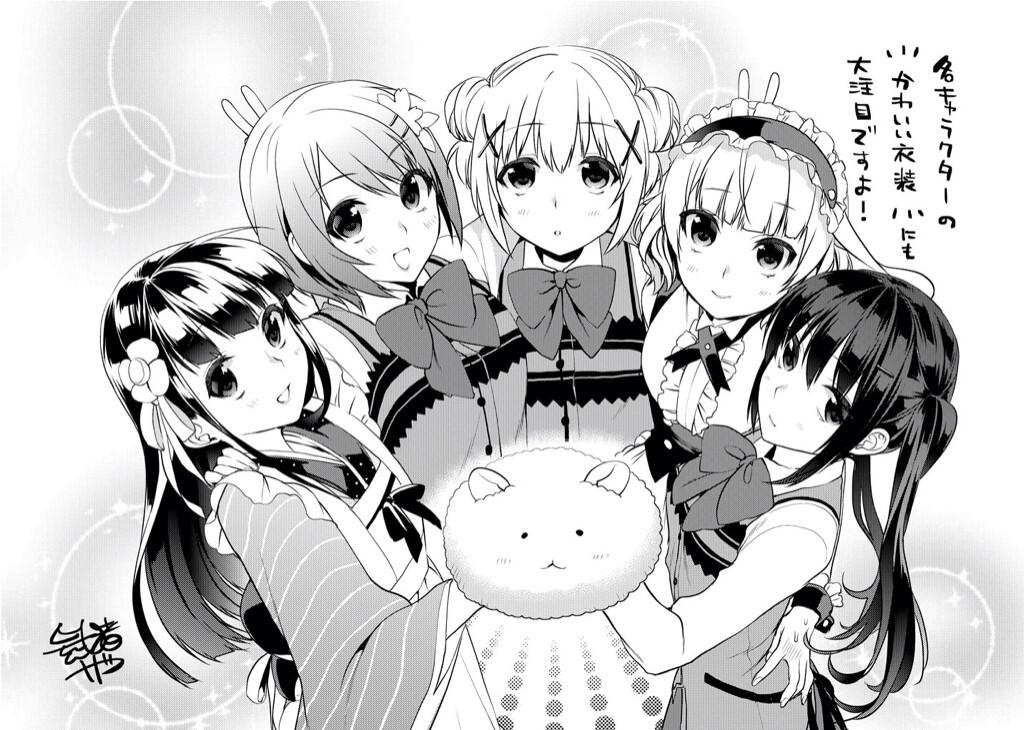 5girls :d abstract_background angora_rabbit animal animal_ears blurry bokeh bow breasts bunny_ears_prank depth_of_field dot_nose double_bun fleur_de_lapin_uniform flower gochuumon_wa_usagi_desu_ka? hair_bun hair_flower hair_ornament hair_ribbon hairclip holding holding_animal hoto_cocoa kafuu_chino kirima_syaro light_blush light_smile lips looking_at_viewer lop_rabbit_ears medium_breasts multiple_girls musha_sabu open_mouth rabbit rabbit_ears rabbit_house_uniform ribbon screentones simple_background small_breasts smile tareme tedeza_rize third-party_source tippy_(gochiusa) twintails ujimatsu_chiya x_hair_ornament