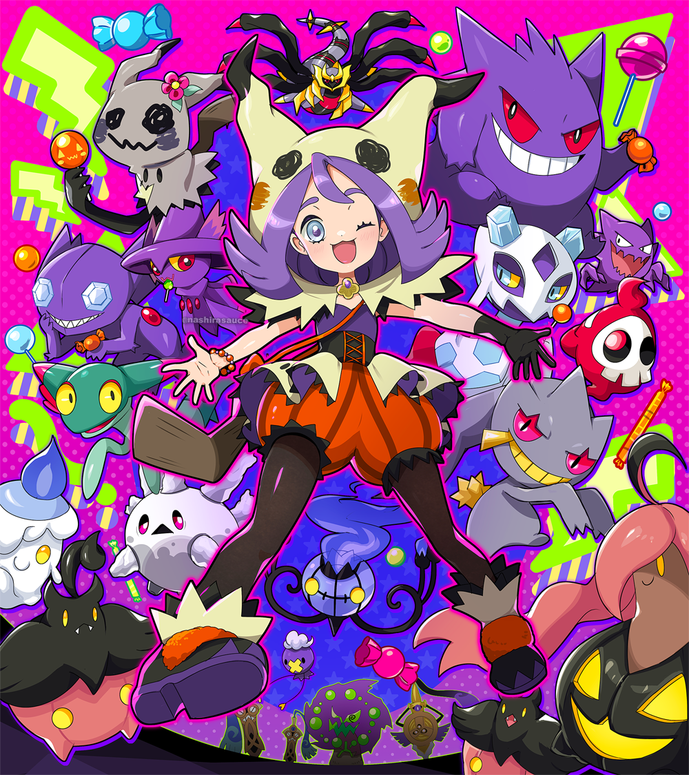 1girl acerola_(fall_2020)_(pokemon) acerola_(pokemon) aegislash alternate_color artist_name banette bead_bracelet beads blush bracelet brown_pantyhose chandelure commentary_request cosplay creatures_(company) dreepy drifloon duskull eyelashes froslass galarian_corsola galarian_form game_freak gen_1_pokemon gen_3_pokemon gen_4_pokemon gen_5_pokemon gen_6_pokemon gen_7_pokemon gen_8_pokemon gengar giratina giratina_(origin) gloves gourgeist halloween haunter honedge hood hood_up jewelry legendary_pokemon legs_apart litwick looking_at_viewer mimikyu mimikyu_(cosplay) mismagius nashirasauce nintendo official_alternate_costume one_eye_closed open_mouth outstretched_arms pantyhose pokemon pokemon_masters_ex pumpkaboo purple_hair sableye shiny_pokemon shoes single_glove spiritomb tongue watermark