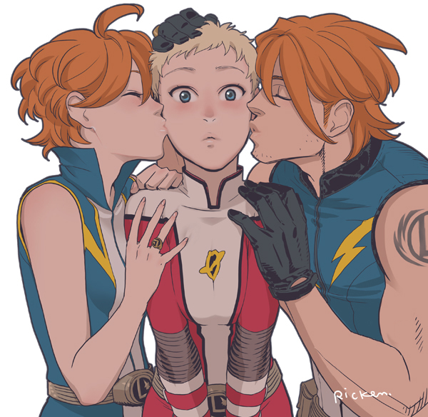 1boy 2girls belt bisexual_female blonde_hair blue_eyes boy_and_girl_sandwich brother_and_sister dc_comics emblem family gloves jewelry kiss legion_of_superheroes lightning_bolt_symbol lightning_lad lightning_lass multiple_girls pixie_cut ricken ring sandwiched saturn_girl short_hair siblings surprised twins