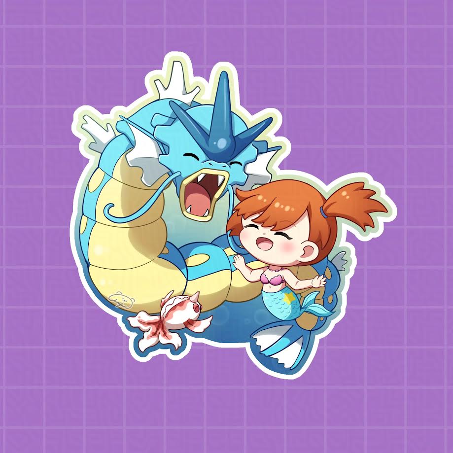 1girl :d asymmetrical_hair bare_arms bikini bikini_top_only blush breasts chibi closed_eyes eyelashes fangs fins gen_1_pokemon goldeen gyarados gym_leader mermaid misty_(pokemon) monster_girl nintendo open_mouth orange_hair pokemon pokemon_(anime) pokemon_(classic_anime) pokemon_rgby ponytail seashell shell shell_bikini short_hair side_ponytail smile swimsuit tongue