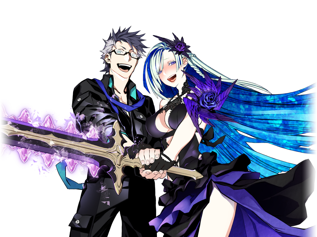 1boy 1girl aqua_hair black_dress black_shirt blue_eyes blue_hair braid breasts brynhild_(fate) brynhild_(swimsuit_berserker)_(second_ascension)_(fate) cleavage collared_shirt cowboy_shot dress fate/grand_order fate_(series) flower game_cg glasses grey_hair holding holding_sword holding_weapon husband_and_wife large_breasts long_hair looking_at_viewer miwa_shirow multicolored_hair multiple_braids official_art open_mouth purple_eyes purple_flower purple_rose rose scarf shirt short_hair sigurd_(fate) sigurd_(memories_with_my_lover)_(fate) smile sword third-party_source transparent_background two-tone_hair very_long_hair weapon