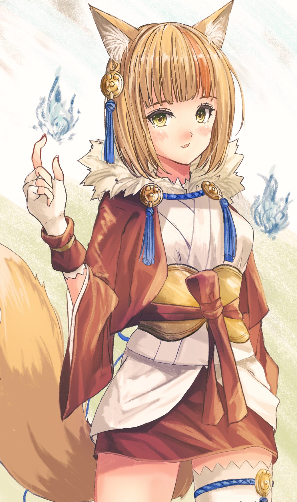 1girl :d animal_ear_fluff animal_ears blonde_hair breasts cowboy_shot fang fingerless_gloves fire_emblem fire_emblem_fates fox_ears fox_girl fox_tail fur_collar fuussu_(21-kazin) gloves hair_ornament hand_up highres hitodama jacket japanese_clothes kimono medium_breasts miniskirt multicolored_hair nintendo open_clothes open_jacket open_mouth orange_hair red_jacket red_skirt selkie_(fire_emblem) short_hair skirt smile solo streaked_hair tail tassel two-tone_hair white_gloves white_kimono