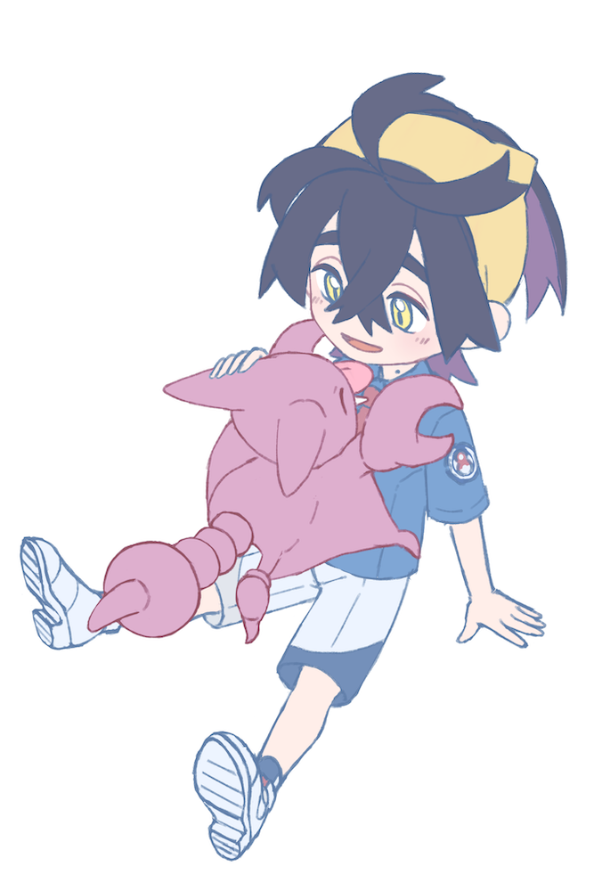 1boy affectionate arm_support black_hair blue_shirt commentary_request crossed_bangs gen_2_pokemon gligar hair_between_eyes hairband kieran_(pokemon) male_focus nintendo open_mouth pokemon pokemon_(creature) pokemon_sv shirt shoes short_sleeves shorts sitting smile socks suimoku_(hzdg5322) white_background yellow_eyes yellow_hairband