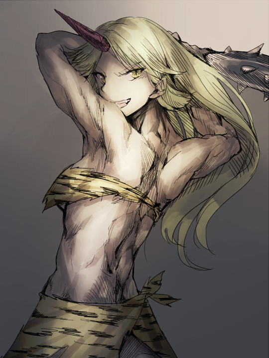 1girl alternate_costume animal_print armpits arms_up back blonde_hair bra club club_(weapon) excalibur_(mythology) fang female_focus geppewi grey_background horns hoshiguma_yuugi kanabou long_hair looking_at_viewer muscular oni simple_background single_horn skirt smile solo spiked_club tiger_print touhou underwear weapon yellow_eyes