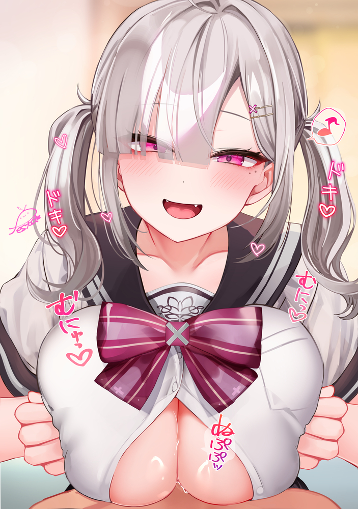 1boy 1girl blush bow bowtie breasts brown_sailor_collar cleavage collarbone fangs festa11307070 grey_hair grey_serafuku heart large_breasts long_hair looking_at_viewer nijisanji open_mouth paizuri pink_bow pink_bowtie pink_eyes sailor_collar school_uniform serafuku short_sleeves smile solo_focus sukoya_kana sukoya_kana_(3rd_costume) translation_request twintails virtual_youtuber