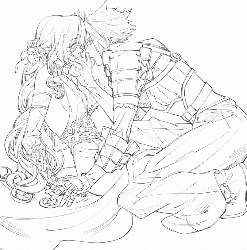 1boy 1girl aerith_gainsborough aerith_gainsborough_(prism_dress) armor bare_shoulders boots breasts choker cleavage cloud_strife cloud_strife_(murasame) curly_hair dated detached_sleeves dress dress_flower final_fantasy final_fantasy_vii final_fantasy_vii_ever_crisis flower gloves hair_flower hair_ornament hair_ribbon hakama hand_on_another&#039;s_chin hetero holding_hands japanese_armor japanese_clothes lineart long_hair low_ponytail medium_breasts official_alternate_costume on_one_knee parted_bangs parted_lips plunging_neckline ponytail ribbon rose short_hair shoulder_armor sideboob sidelocks wakakusa-e white_background