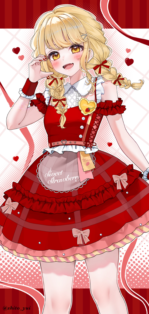 1girl apron blonde_hair blush braid commentary_request cross-laced_clothes cross-laced_top fang feet_out_of_frame fingernails frilled_wristband fujita_kotone gakuen_idolmaster hair_ribbon half-heart_hands heart idolmaster long_hair looking_at_viewer nail_polish partial_commentary pink_apron red_ribbon red_skirt ribbon skin_fang skirt smile solo twin_braids twitter_username waist_apron yellow_eyes yuuyu_(moco20111115)