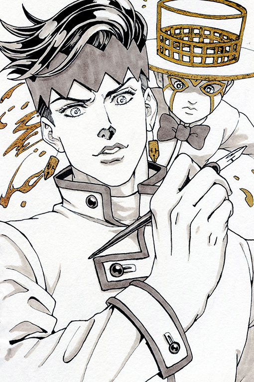 1boy 1other bow bowtie commentary_request diamond_wa_kudakenai earrings greyscale headband heaven&#039;s_door holding holding_pen jewelry jojo_no_kimyou_na_bouken kishibe_rohan lanxjourney male_focus monochrome nib_pen_(object) parted_lips pen smile spot_color stand_(jojo) traditional_bowtie upper_body