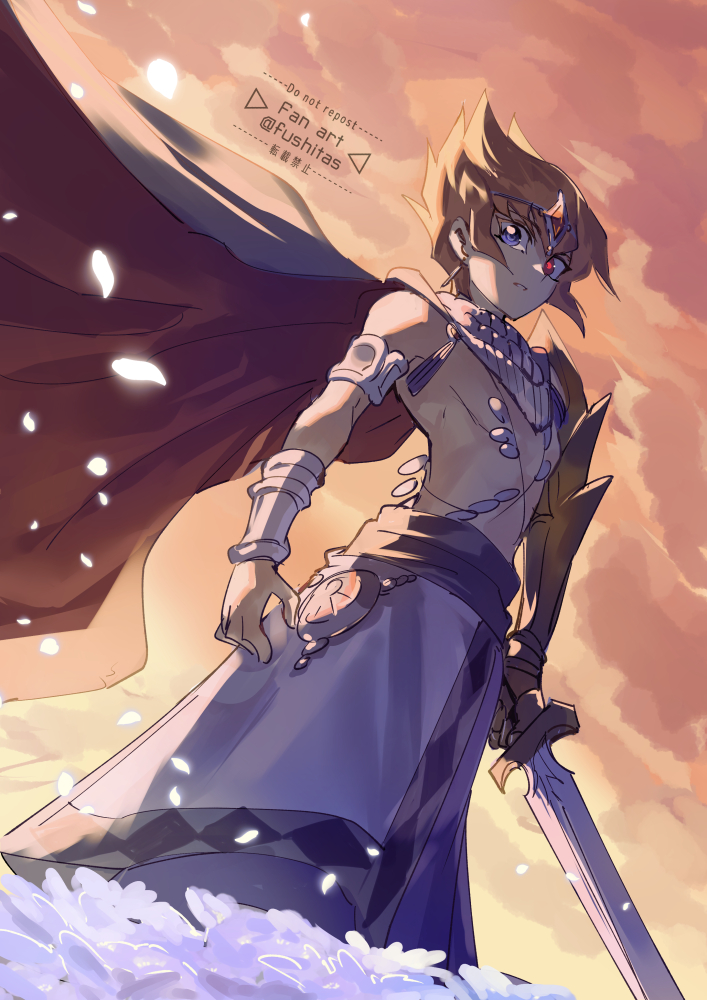 1boy arm_at_side blue_eyes bracer cape commentary_request earrings fushitasu heterochromia holding holding_sword holding_weapon jewelry male_focus parted_lips red_eyes short_hair signature solo spiked_hair sword topless_male vector_(yu-gi-oh!) weapon yu-gi-oh! yu-gi-oh!_zexal