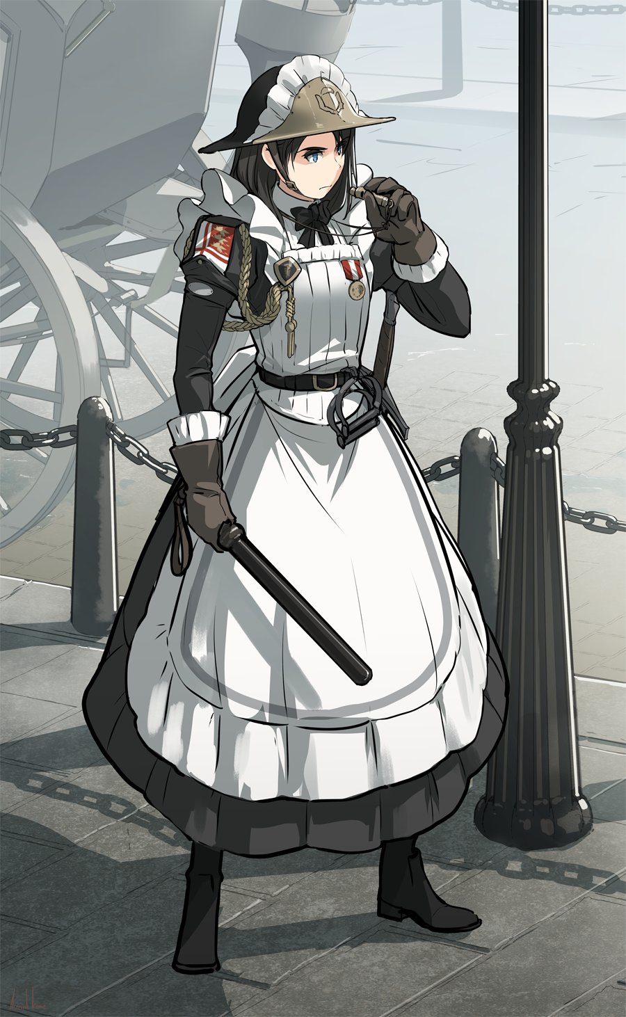 1girl apron asterisk_kome baton_(weapon) black_dress brodie_helmet carriage chain combat_helmet dress frilled_apron frills gloves helmet heroes_of_order highres holding holding_weapon holding_whistle maid maid_apron maid_headdress medal road street waist_apron weapon whistle white_apron