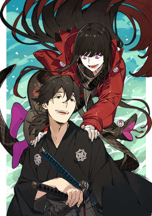 1boy 1girl black_eyes black_hair fate/grand_order fate_(series) hood hooded_jacket jacket japanese_clothes katana kaworu_(kaw_lov) kimono long_hair oryou_(fate) oryou_(lancer)_(fate) pink_eyes sakamoto_ryouma_(fate) sakamoto_ryouma_(lancer)_(fate) scarf signature sword weapon