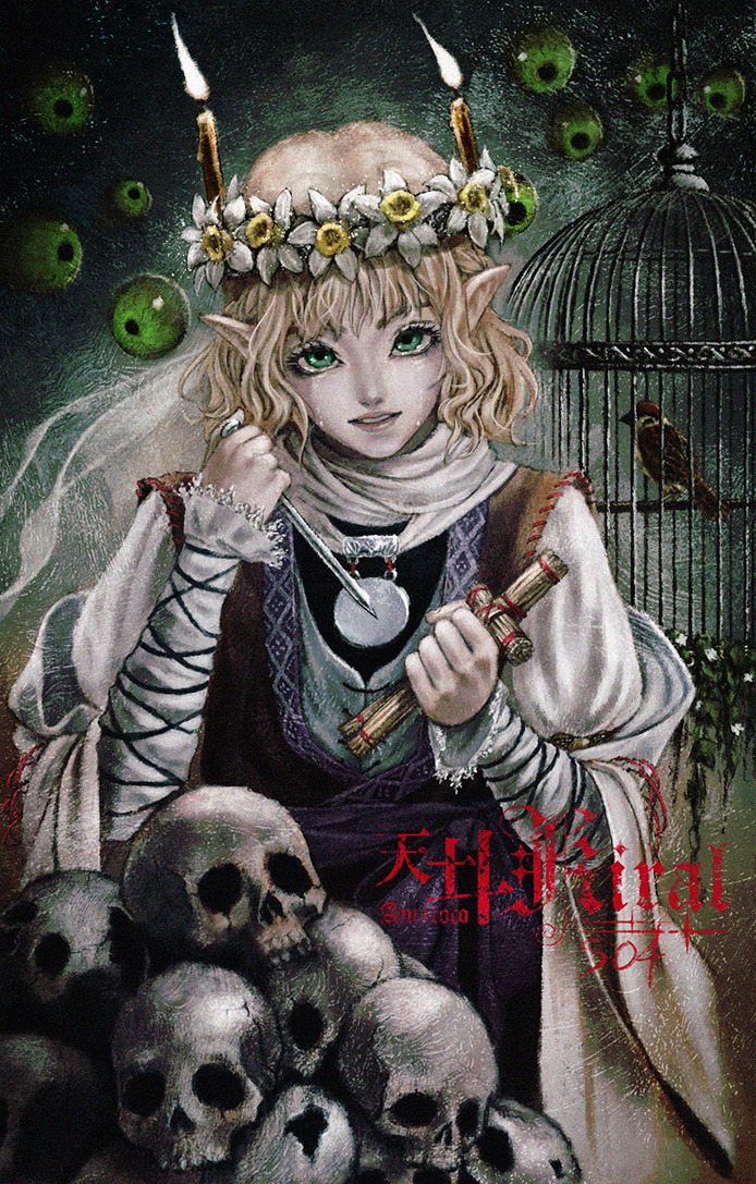 1girl amulet bird birdcage black_undershirt blonde_hair blue_sash blue_trim braid brown_background brown_vest cage candle_on_head chain commentary commentary_request cross-laced_clothes cross-laced_top crying crying_with_eyes_open disembodied_eye doll english_commentary eurasian_tree_sparrow eyeball eyebrows_hidden_by_hair fire flower frilled_sleeves frills gradient_background green_background green_eyes half_up_braid hashihime head_tilt head_wreath holding holding_doll holding_nail long_sleeves looking_at_viewer medium_hair mibbbbb_12345 mixed-language_commentary mizuhashi_parsee nail nail_(hardware) nose parted_lips pile_of_skulls pointy_ears sash scarf shirt solo sparrow standing straight-on straw_doll streaming_tears tears teeth touhou upper_body ushi_no_koku_mairi vest wavy_hair white_flower white_scarf white_shirt