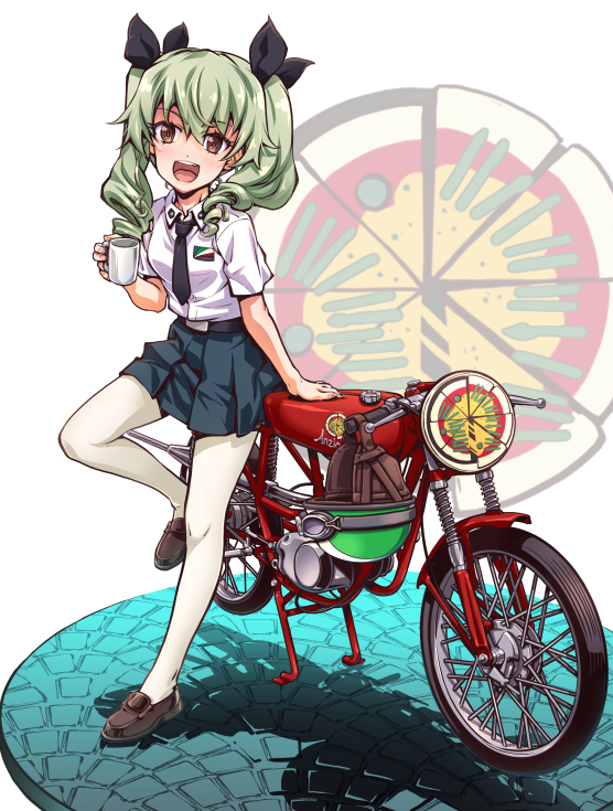 1girl anchovy_(girls_und_panzer) anzio_(emblem) anzio_school_uniform belt black_belt black_necktie black_ribbon black_shoes blue_skirt brown_eyes coffee_mug commentary_request cup dress_shirt drill_hair emblem foot_up girls_und_panzer green_hair hair_ribbon holding holding_cup loafers long_hair looking_at_viewer miniskirt motor_vehicle motorcycle mug necktie open_mouth pantyhose partial_commentary pleated_skirt ribbon school_uniform shadow shirt shoes skirt smile solo standing suzuki24 twin_drills twintails white_background white_pantyhose white_shirt wing_collar