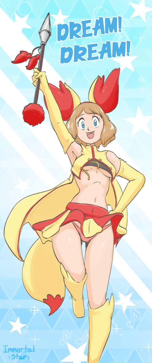 1girl baton blue_background blue_eyes brown_hair cosplay creatures_(company) english_text fennekin fennekin_(cosplay) game_freak gen_6_pokemon highres holding_baton immortalstar nintendo panties pink_panties pokemon pokemon_(anime) pokemon_xy_(anime) serena_(pokemon) simple_background solo star_(symbol) underwear