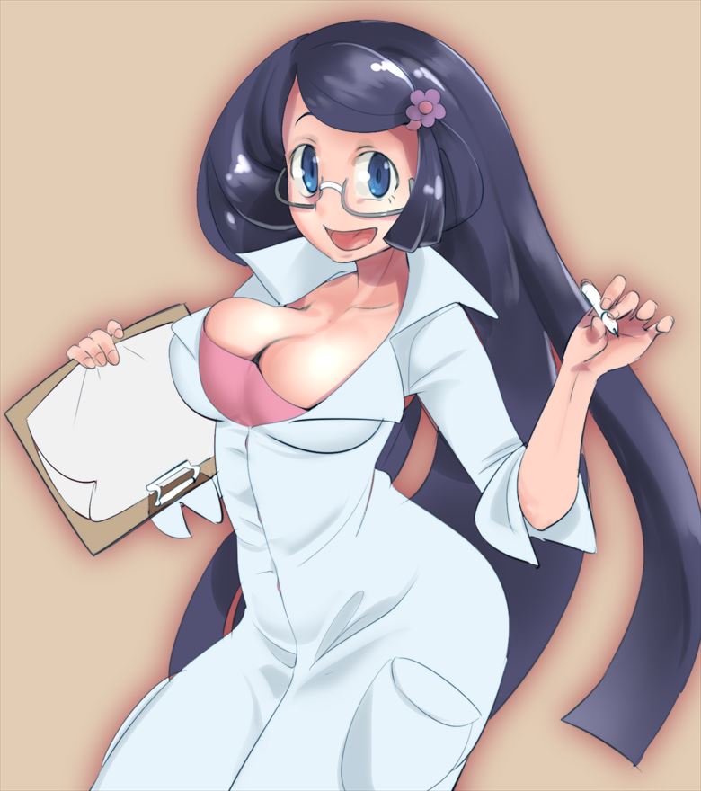 1girl :d bad_id bad_pixiv_id black_hair blue_eyes breasts brown_background bursting_breasts cleavage clipboard collarbone facing_away female_focus fennel_(pokemon) flower glasses grey-framed_eyewear hair_flower hair_ornament holding holding_clipboard holding_pencil lab_coat large_breasts long_hair long_sleeves looking_at_viewer nintendo open_mouth paper pencil pocket pokemon pokemon_bw purple_flower raised_eyebrows semi-rimless_eyewear simple_background smile solo straight_hair tongue under-rim_eyewear very_long_hair zaitsu