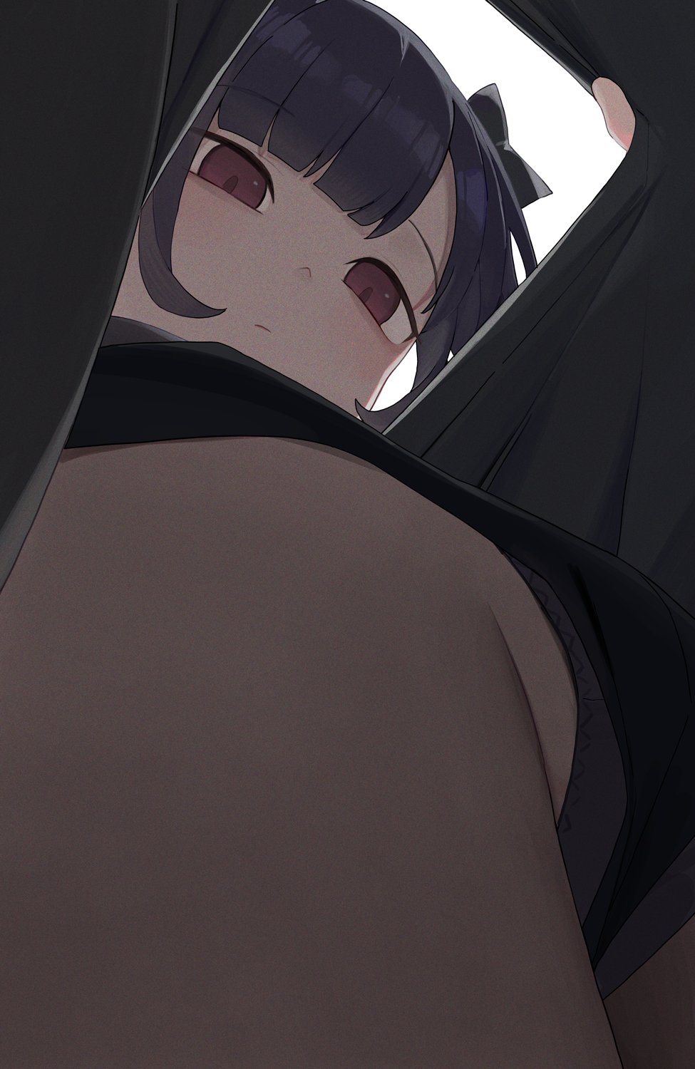 1girl black_hair black_panties closed_mouth highres hiroki_(yyqw7151) lifting_own_clothes looking_down original panties red_eyes solo underwear upshirt