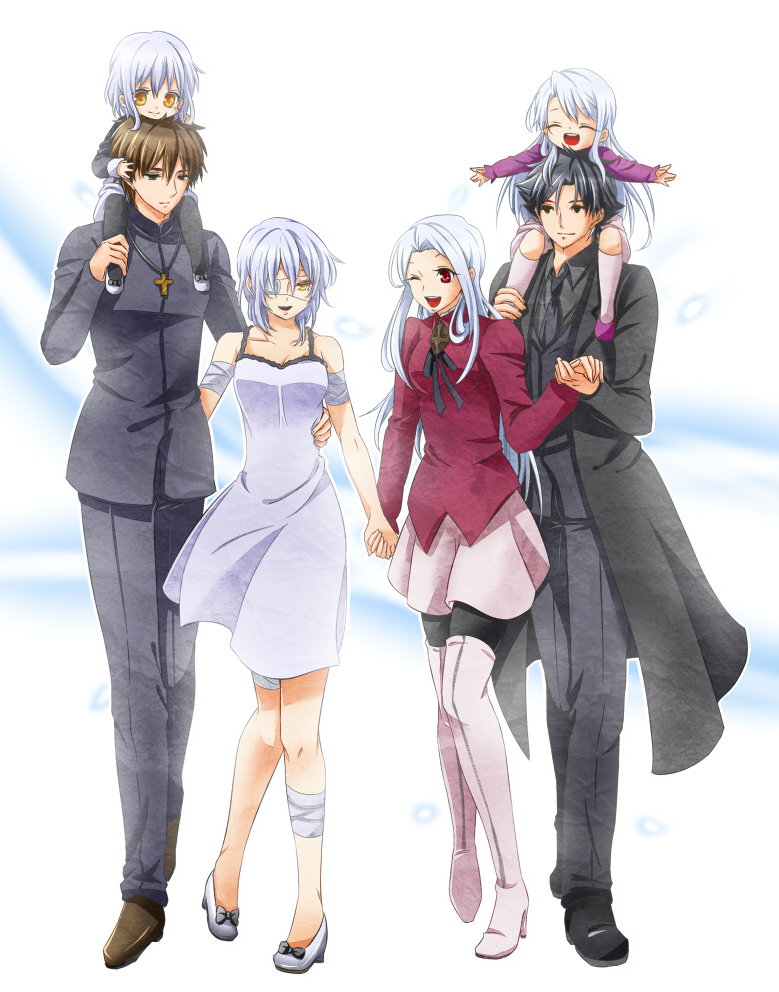 2boys 4girls bad_id bad_pixiv_id bandages black_eyes black_hair boots brown_eyes brown_hair caren_hortensia carrying claudia_hortensia couple cross cross_necklace dress emiya_kiritsugu eyepatch family fate/zero fate_(series) father_and_daughter husband_and_wife illyasviel_von_einzbern irisviel_von_einzbern jewelry kotomine_kirei multiple_boys multiple_girls necklace pantyhose ponjiri red_eyes short_hair shoulder_carry thigh_boots thighhighs wavy_hair white_hair