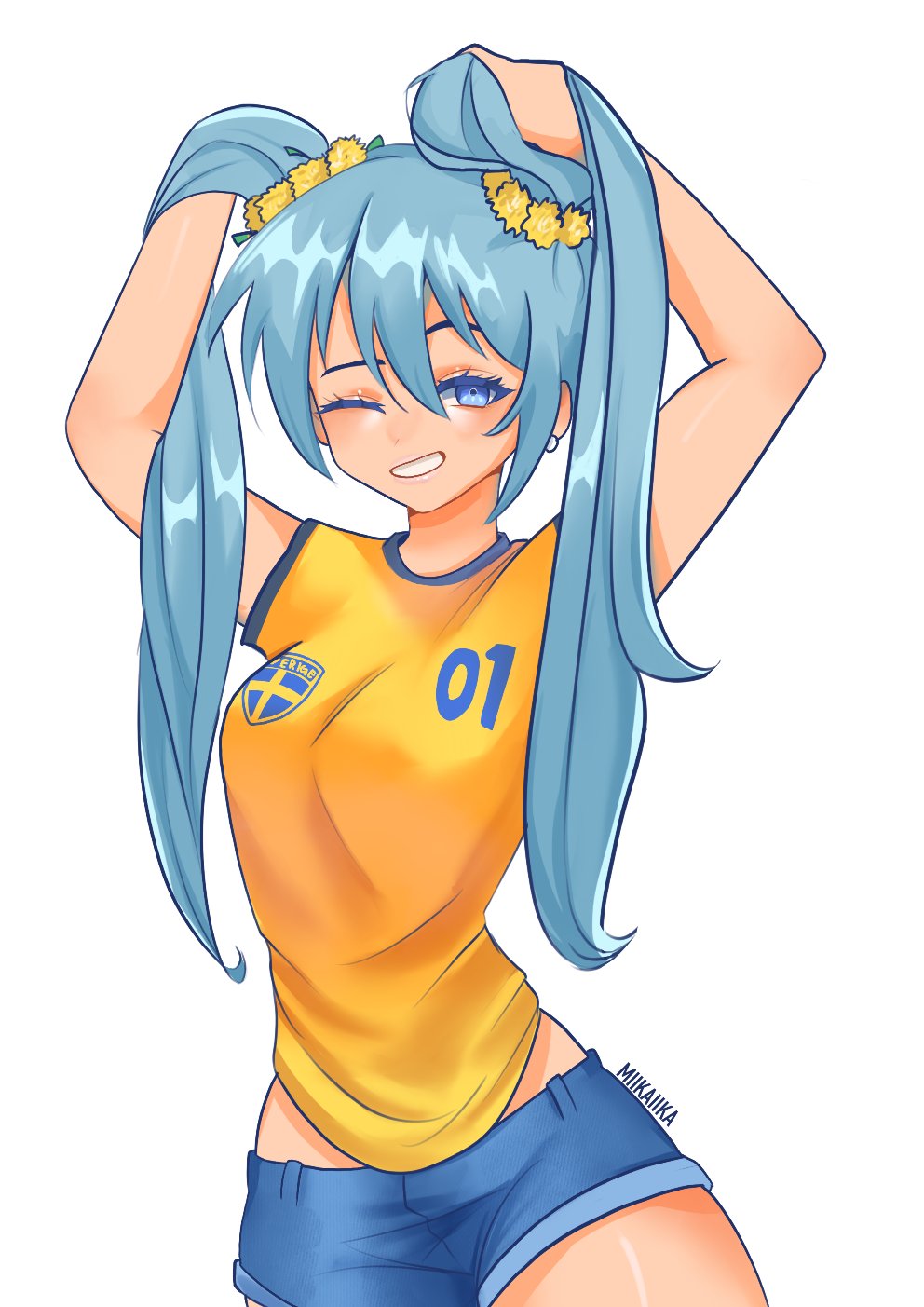 1girl alternate_costume arms_up artist_name blue_eyes blue_hair blue_shorts blue_trim breasts clothes_writing commentary cowboy_shot denim denim_shorts earrings emblem english_commentary flag_print flower grin hair_flower hair_ornament hatsune_miku highres jersey jewelry long_hair looking_at_viewer medium_breasts midriff_peek miika_(miikaiika) one_eye_closed parted_lips playing_with_own_hair raised_eyebrow scrunchie shiny_skin shirt short_shorts short_sleeves shorts simple_background smile soccer_uniform solo sportswear standing stud_earrings sweden swedish_flag swedish_flag_print twintails very_long_hair vocaloid white_background worldwide_miku yellow_flower yellow_scrunchie yellow_shirt