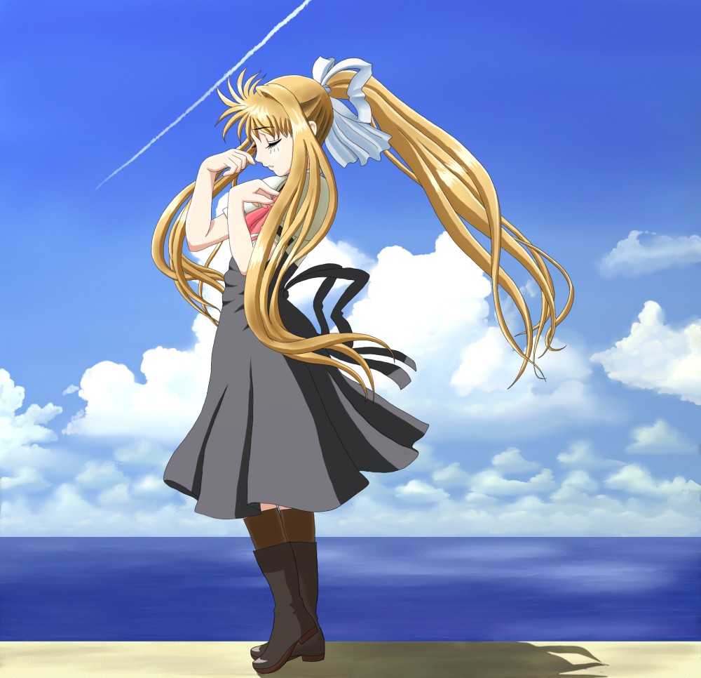 00s 1girl air_(visual_novel) blonde_hair chunpai closed_eyes cloud day female_focus kamio_misuzu long_hair sky solo