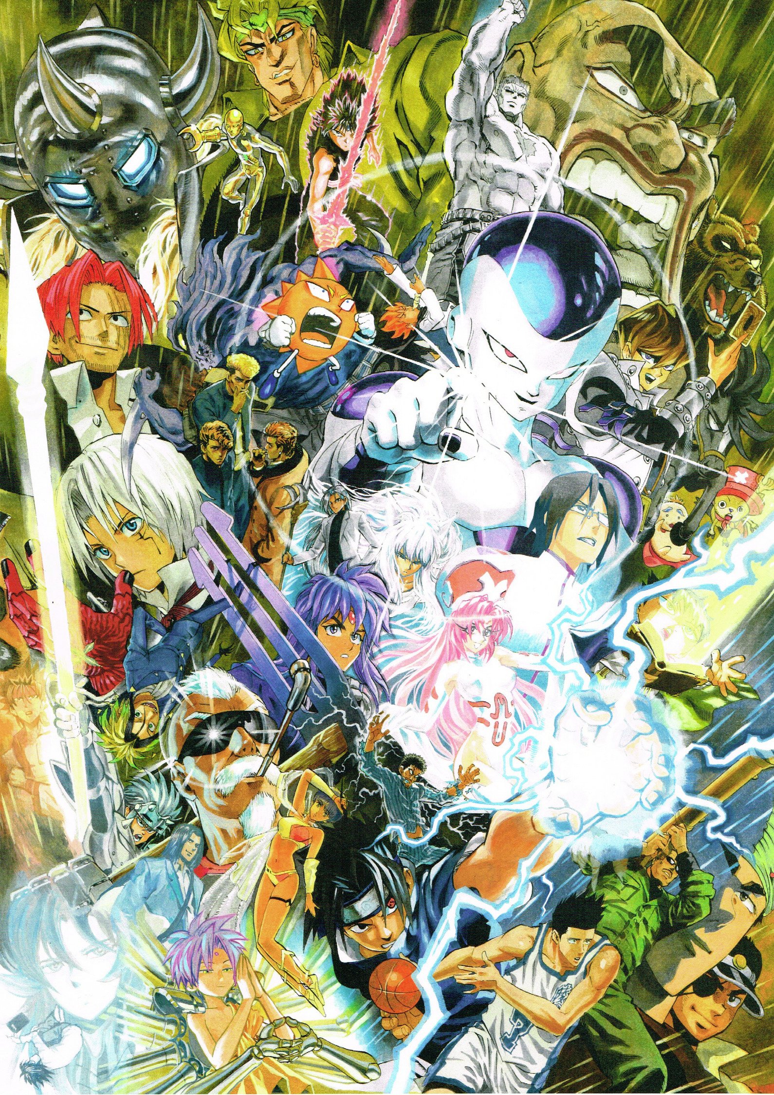 allen_walker anger_vein annotation_request arm_up armor artist_collaboration bald ball baoh baoh_raihousha basketball basketball_(object) basketball_uniform bear black_hair bleach blonde_hair bobobo-bo_bo-bobo breasts brown_hair card character_request cigarette cleaned company_connection copyright_request crop_top crossover d.gray-man death_note death_note_(object) dio_brando don_patch dragon_ball dragonball_z earrings edajima_heihachi energy energy_sword eyepatch facial_hair fetal_position final_form_frieza flute forehead_jewel frieza ginga_(franchise) ginga_nagareboshi_gin glowing glowing_eyes goatee hat headband heart helmet hiei highres hokuto_no_ken holding holding_card horse instrument ishida_uryuu jewelry jojo_no_kimyou_na_bouken kaiba_seto l_(death_note) leotard m1_bazooka majin_tantei_nougami_neuro medium_breasts midriff multicolored_hair multiple_crossover murata_yuusuke muscular music mustache naruto_(classic) naruto_(series) navel nougami_neuro one_piece open_mouth painting_(medium) pink_hair playing_instrument pointing pointing_at_viewer raoh_(hokuto_no_ken) recorder red_hair rocket_launcher rurouni_kenshin sagara_sanosuke sakigake!!_otokojuku scar scar_across_eye scar_on_face sendou_akira shanks_(one_piece) sharingan short_hair shounen_jump slam_dunk_(series) smile smoking smoking_pipe spiked_hair sportswear stardust_crusaders sunglasses sword tony_tony_chopper topless_male traditional_media two-tone_hair uchiha_sasuke watercolor_(medium) weapon white_hair yellow_eyes youko_kurama yu-gi-oh! yu-gi-oh!_duel_monsters yuu_yuu_hakusho