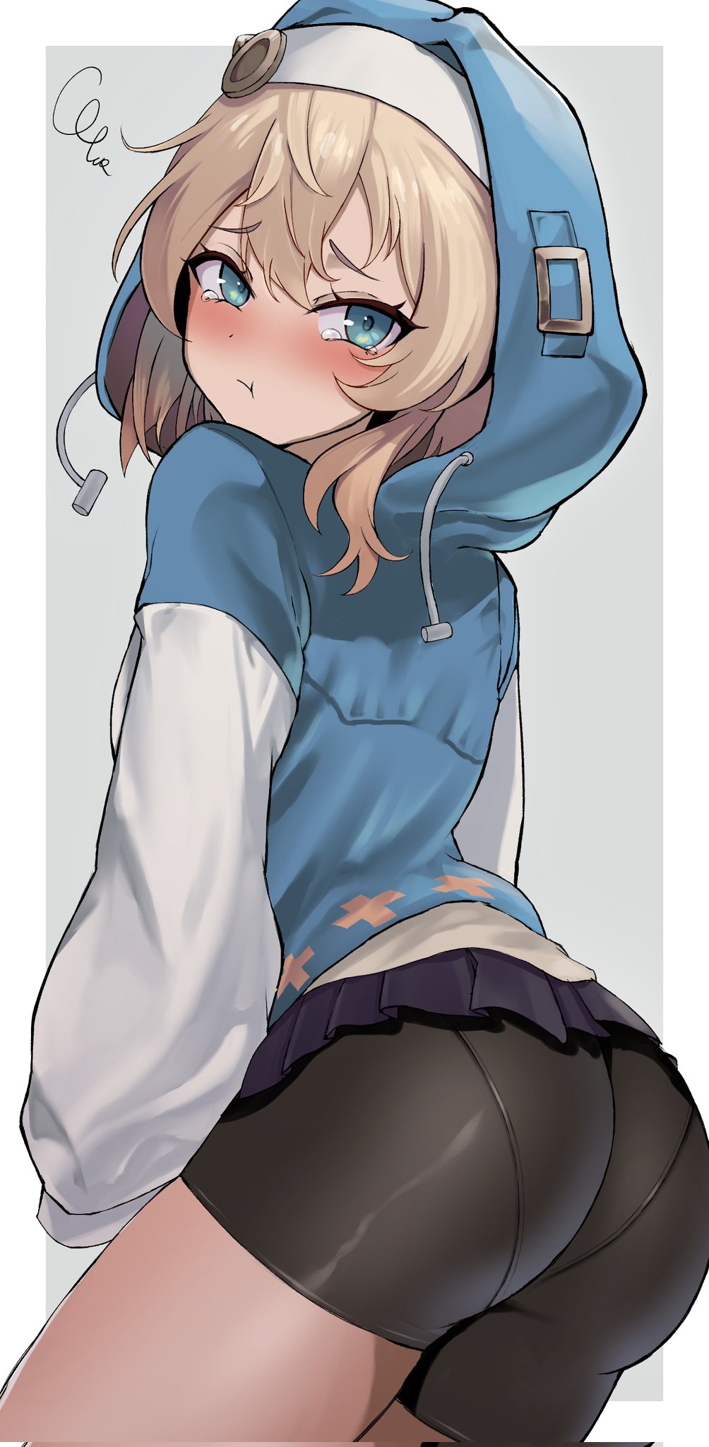 1boy aqua_eyes ass bike_shorts bike_shorts_under_skirt black_shorts black_skirt blonde_hair blush bridget_(guilty_gear) corrupted_twitter_file guilty_gear guilty_gear_strive habit highres hood hood_up hooded_jacket jacket looking_at_viewer male_focus mars_symbol medium_hair pantylines sato_one1 shorts skirt solo trap