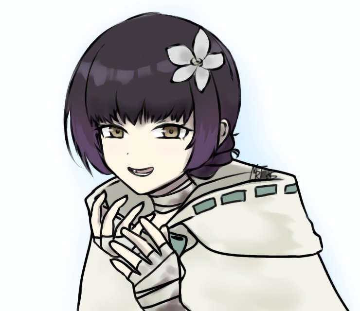 1girl bandaged_hand bandaged_neck bandages cloak derivative_work girls&#039;_frontline hood hood_down laughing looking_at_viewer machlian_(girls&#039;_frontline) open_mouth purple_hair screenshot_redraw simple_background solo teeth white_background white_cloak