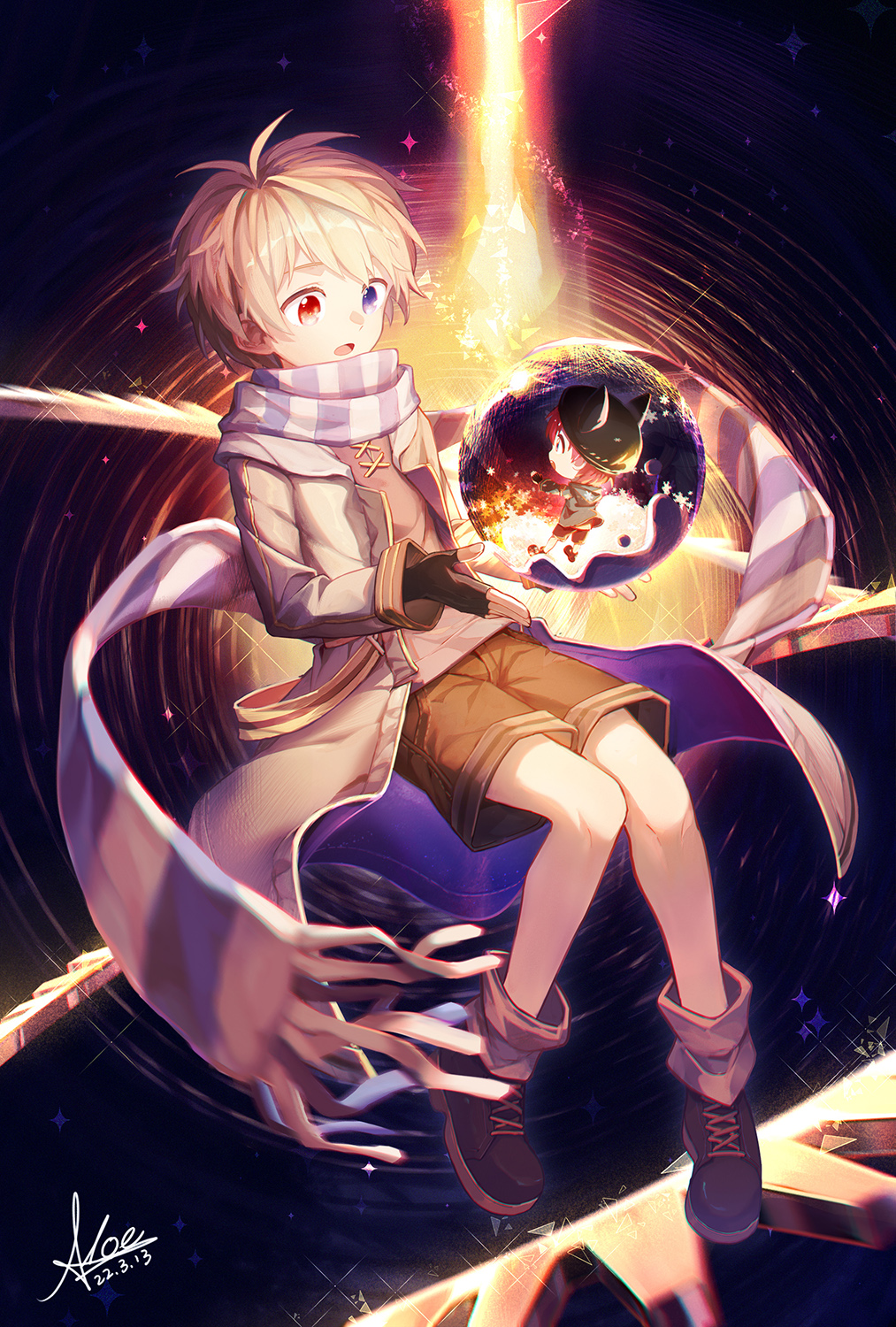 1boy blonde_hair blue_eyes boots coat earth_(planet) fingerless_gloves floating full_body gloves heterochromia highres koe_(mixpi) long_sleeves male_focus open_mouth original planet red_eyes scarf shirt short_hair shorts sky solo space star_(sky) star_(symbol) starry_sky starry_sky_background striped_clothes striped_scarf