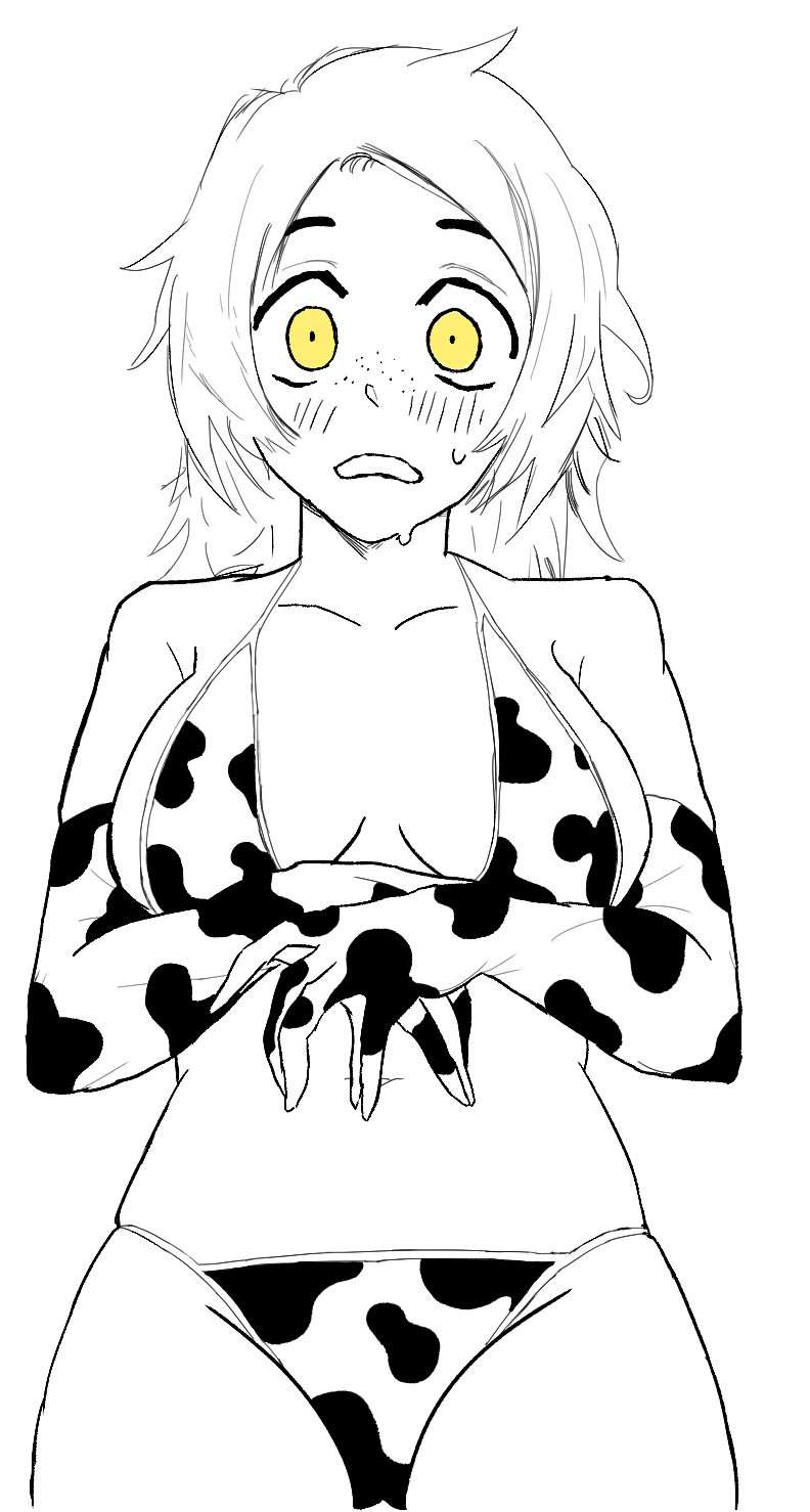 animal_print bell bikini blush collarbone cow_print cow_print_bikini cow_print_gloves freckles gloves highres julia_(the_coffin_of_andy_and_leyley) neck_bell non-web_source print_bikini print_gloves swimsuit the_coffin_of_andy_and_leyley yellow_eyes