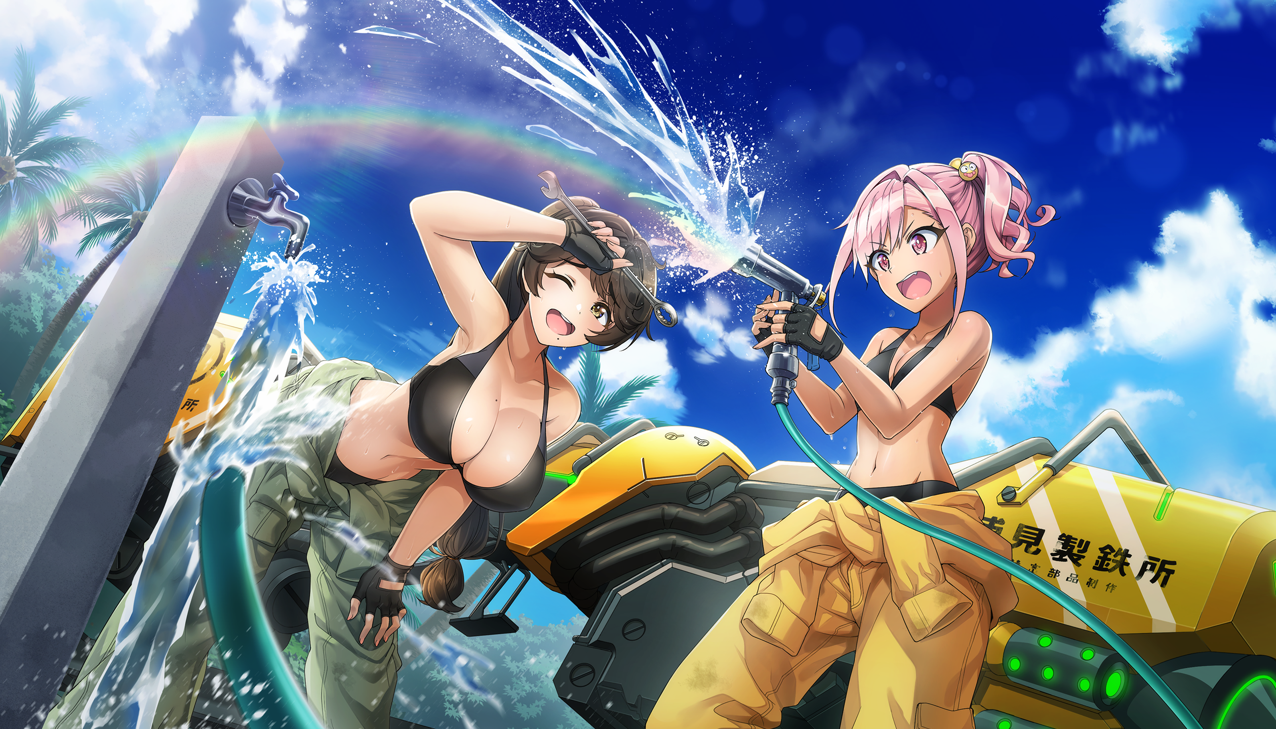 2girls :o ;d bikini black_bikini black_gloves black_hair breasts cleavage dark-skinned_female dark_skin dolphin_wave fingerless_gloves from_below game_cg gloves green_jumpsuit hair_intakes highres holding holding_hose holding_wrench hose jumpsuit large_breasts long_hair mole mole_under_mouth multiple_girls navel non-web_source official_art one_eye_closed ootomo_takuji open_mouth orange_jumpsuit outdoors pink_eyes pink_hair ponytail sidelocks small_breasts smile swimsuit tied_jumpsuit urami_kana wrench yamaba_yume