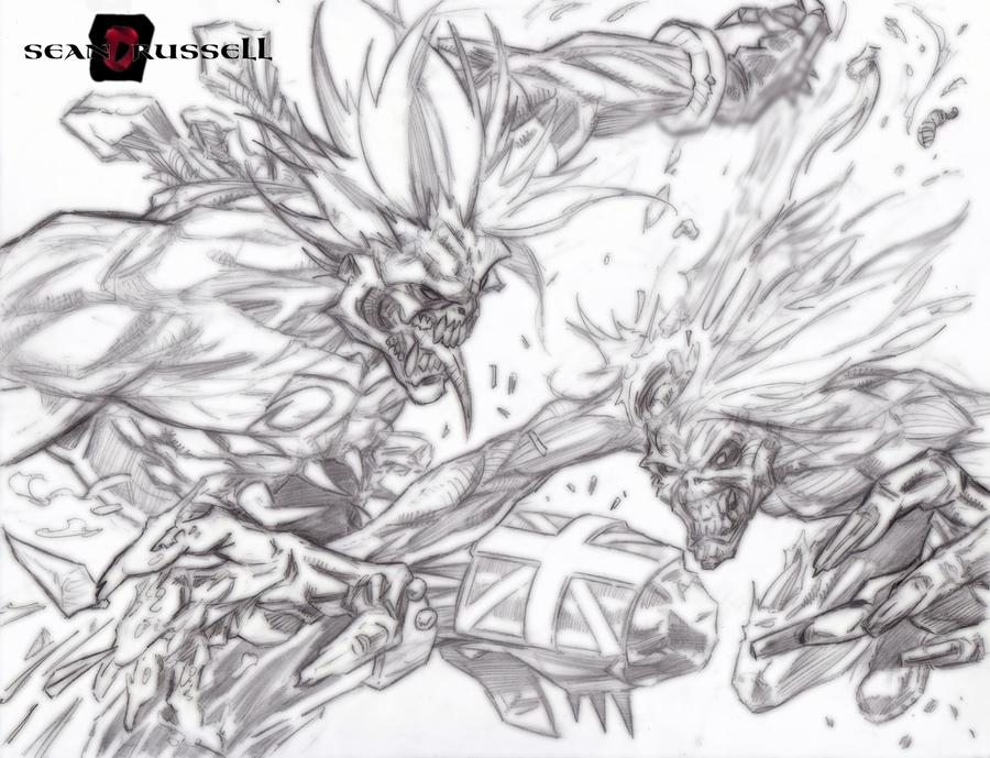 2boys capcom crossover eddie_the_head epic fighting heavy_metal iron_maiden_(band) long_hair monochrome monster multiple_boys muscular music rivaloya sketch teeth union_jack darkstalkers lord_raptor zombie