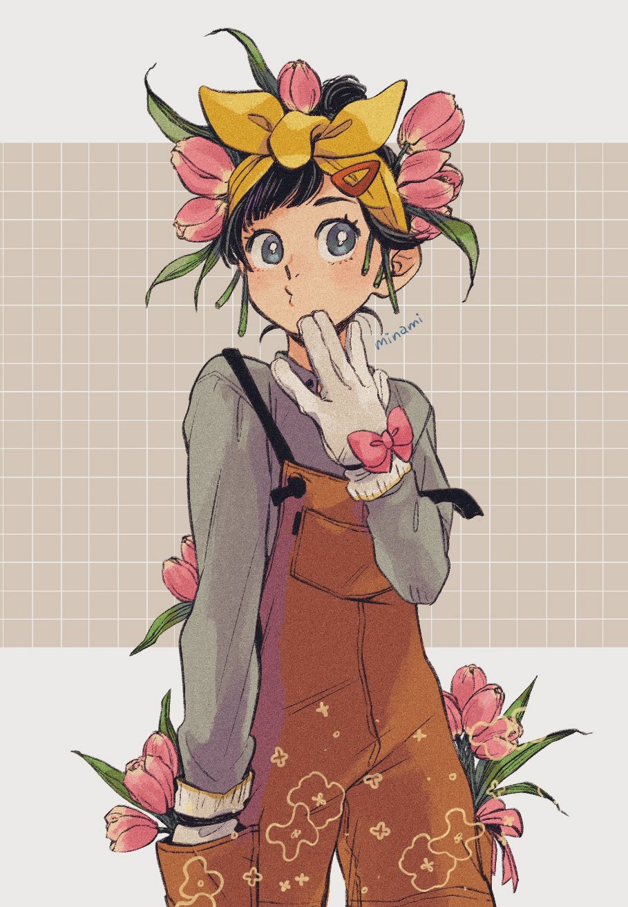 1girl bandana black_hair dramatica floral_print flower gloves grey_background grey_eyes grey_sweater grid_background hair_flower hair_ornament hairclip hand_in_pocket highres looking_at_viewer messy_hair original overalls red_overalls signature solo standing sweater tulip white_gloves yellow_bandana