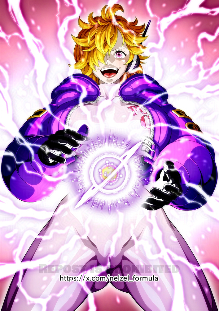 1girl blonde_hair bodysuit breasts cameltoe curvy energy_ball hair_over_one_eye jacket large_breasts lightning looking_at_viewer nel-zel_formula one_piece open_clothes open_jacket open_mouth shiny_clothes shiny_skin short_hair skin_tight smile sweat vegapunk_lilith wide_hips