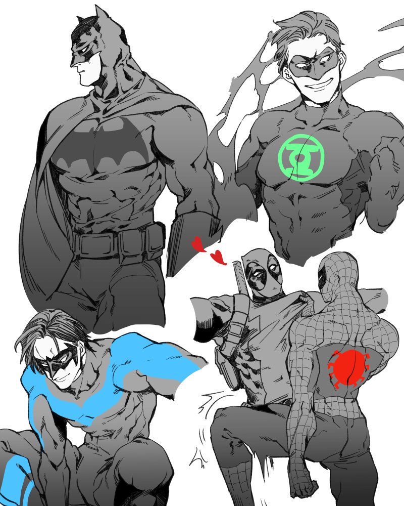 5boys bad_id bad_twitter_id batman batman_(series) belt_pouch bodysuit cape clenched_hand commentary_request dc_comics deadpool deadpool_(movie) deadpool_(series) eye_mask fish_(m8snknk) green_lantern green_lantern_(series) grin heart male_focus marvel mask multiple_boys muscular muscular_male nightwing partially_colored pouch short_hair simple_background smile spider-man spider-man_(series) white_background x-men x-men_film_series