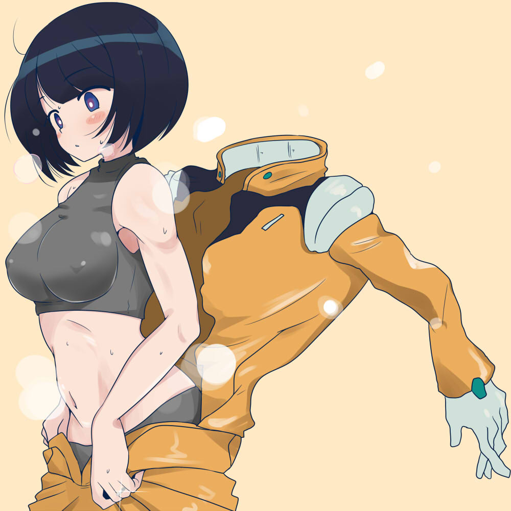 1girl black_hair blue_eyes blush_stickers bodysuit breasts bright_pupils commentary_request covered_erect_nipples cropped_shirt grey_shirt gundam gundam_gquuuuuux large_breasts mecha_pilot_suit navel nishi_koutarou no_sclera parted_lips shiiko_sugai shirt short_hair sleeveless sleeveless_shirt solo steaming_body sweat undressing upper_body white_pupils yellow_background yellow_bodysuit